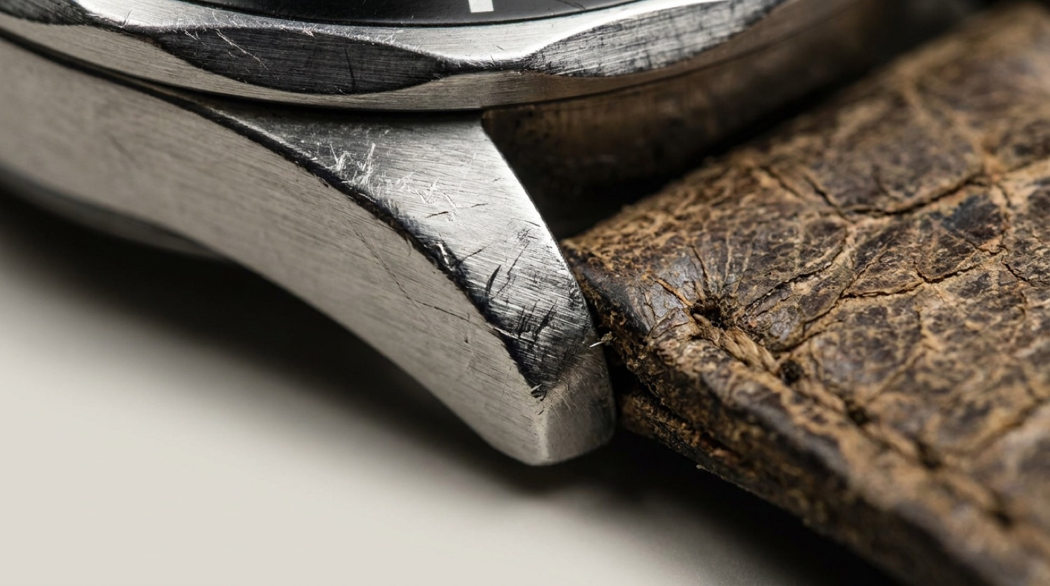 Macro of a steel watch lug meeting worn leather strap